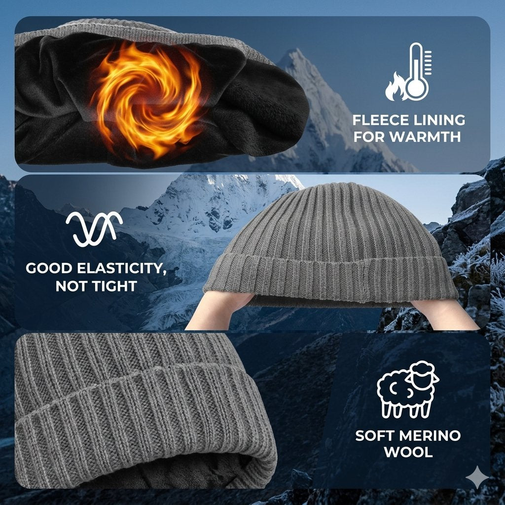 Gray ribbed knit beanie hat shown with feature callouts: fleece lining with flame graphic for warmth, elastic fit, soft merino wool, and a snowy mountain background.