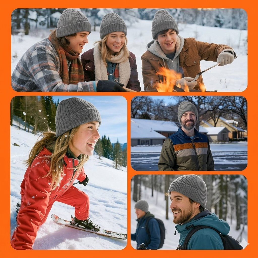 A five-panel collage showing people outdoors in winter settings wearing gray knit beanie hats. The scenes include three people sitting by a campfire in the snow, a woman skiing in the snow, a man standing outdoors, and a man wearing a backpack in a snowy forest.