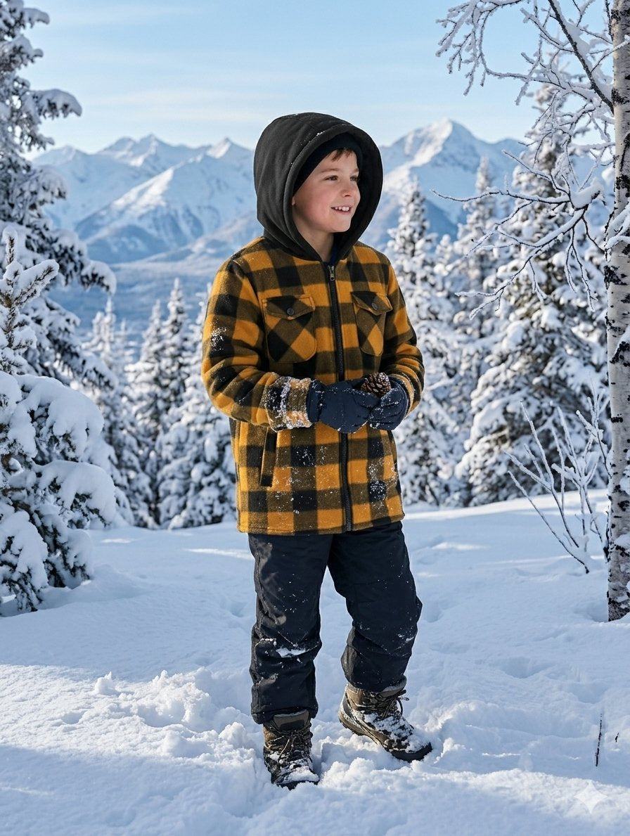 A child standing in a snowy outdoor setting wearing a yellow and black buffalo plaid hooded jacket, dark snow pants, and gloves, with mountains and snow-covered trees in the background. big green bear biggreenbear.com