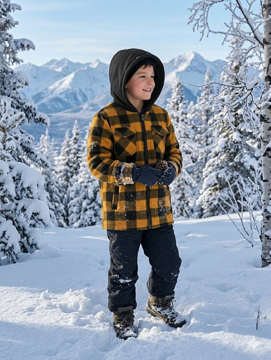 A child standing in a snowy outdoor setting wearing a yellow and black buffalo plaid hooded jacket, dark snow pants, and gloves, with mountains and snow-covered trees in the background. big green bear biggreenbear.com