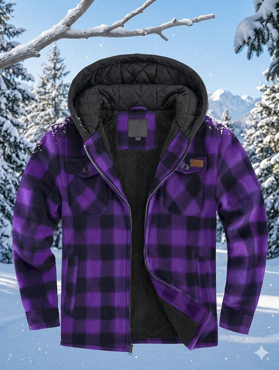A purple and black buffalo plaid hooded jacket with a black fleece interior, displayed against a snowy winter forest background.