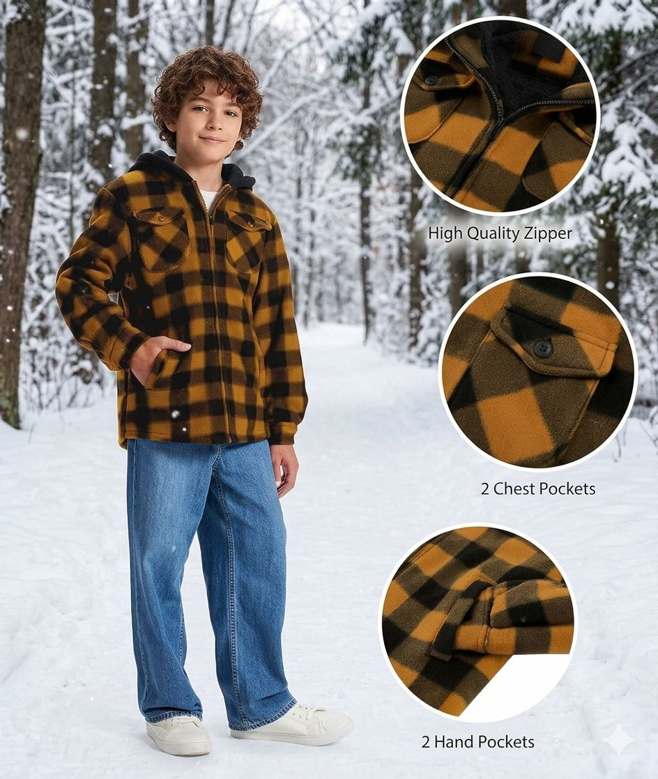 A child wearing a brown and black buffalo plaid hooded jacket in a snowy outdoor setting, with three circular inset detail images showing the high-quality zipper, chest pocket, and hand pocket fabric.