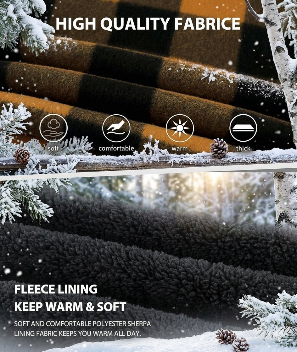 A promotional graphic showing two folded fleece fabric samples: a brown and black plaid patterned fabric at the top and a dark charcoal/black sherpa fleece at the bottom. Snowy pine branches and pinecones decorate the scene, with text reading 'HIGH QUALITY FABRIC' and 'FLEECE LINING KEEP WARM & SOFT'.