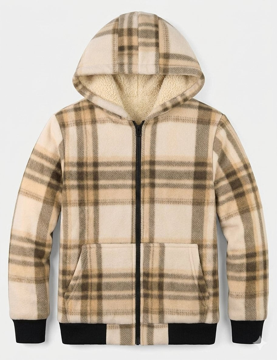 A children's zip-up hooded jacket with a beige and brown plaid pattern, featuring a soft fleece lining, black ribbed cuffs and hem, and front pockets, shown against a light gray background.