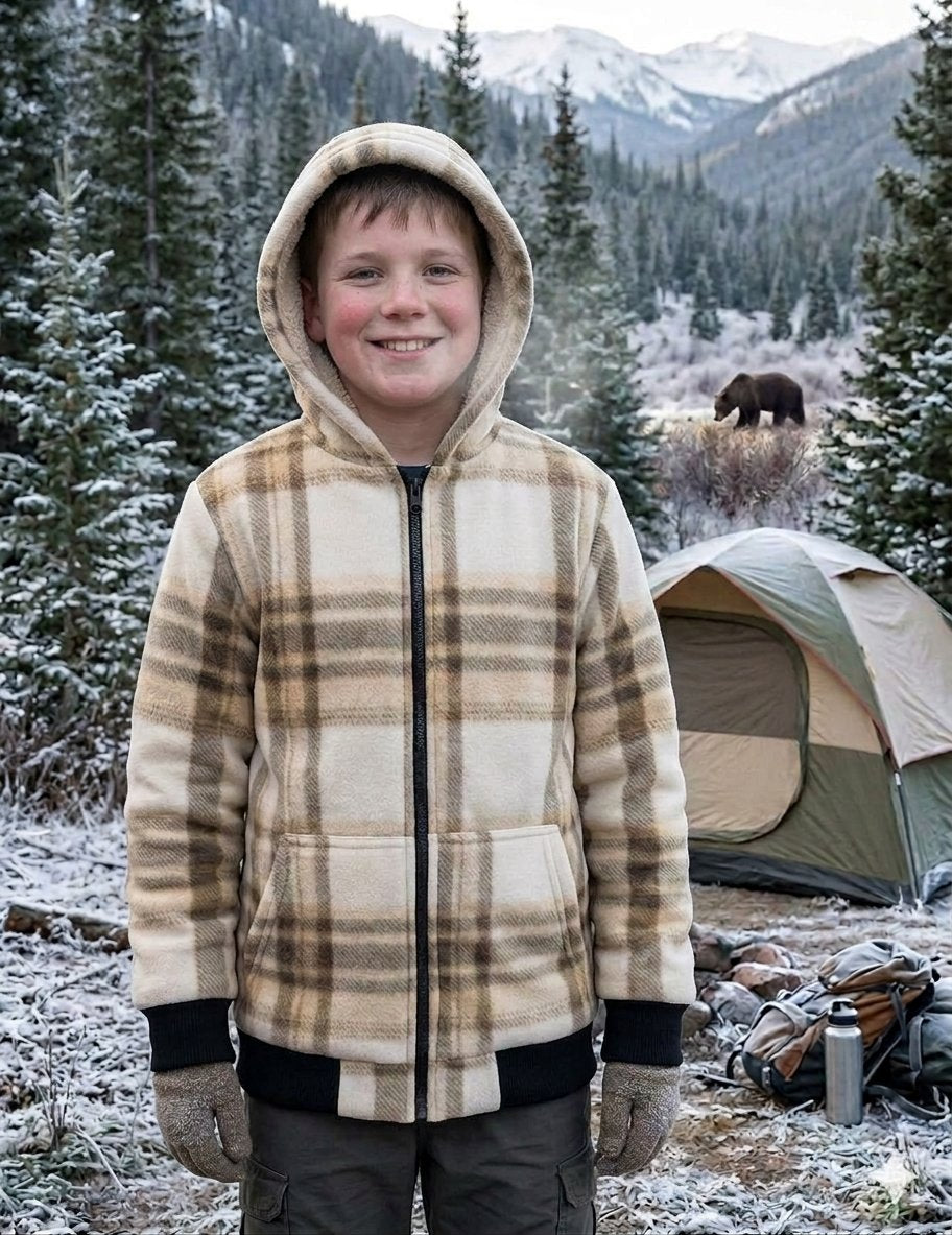 A smiling young boy wearing a beige and brown plaid fleece zip-up hoodie stands in a snowy outdoor camping setting with a tent, mountains, and pine trees in the background. big green bear biggreenbear.com