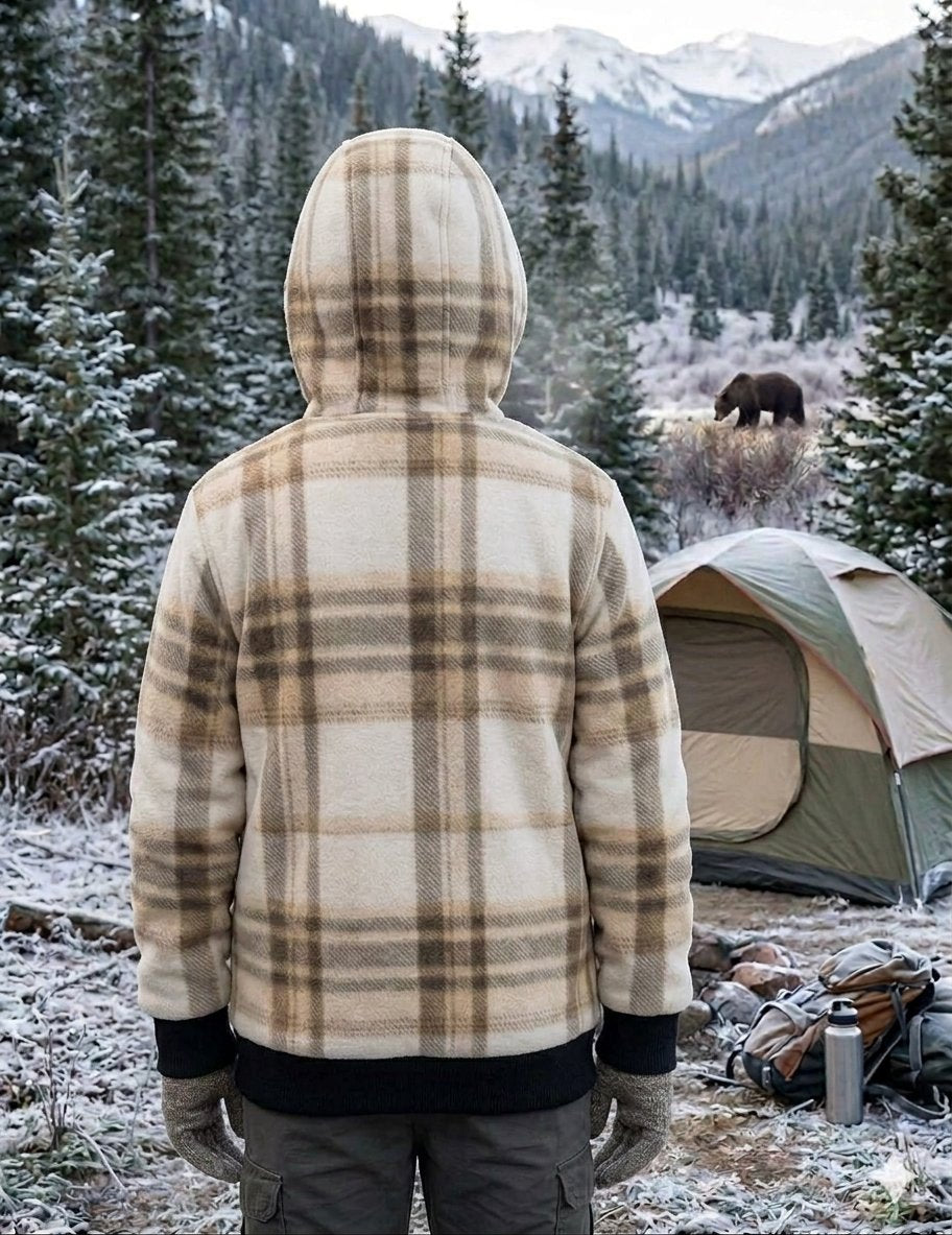 A person viewed from behind wearing a beige and brown plaid hooded fleece jacket in a snowy mountain camping setting with a tent and bear visible in the background.