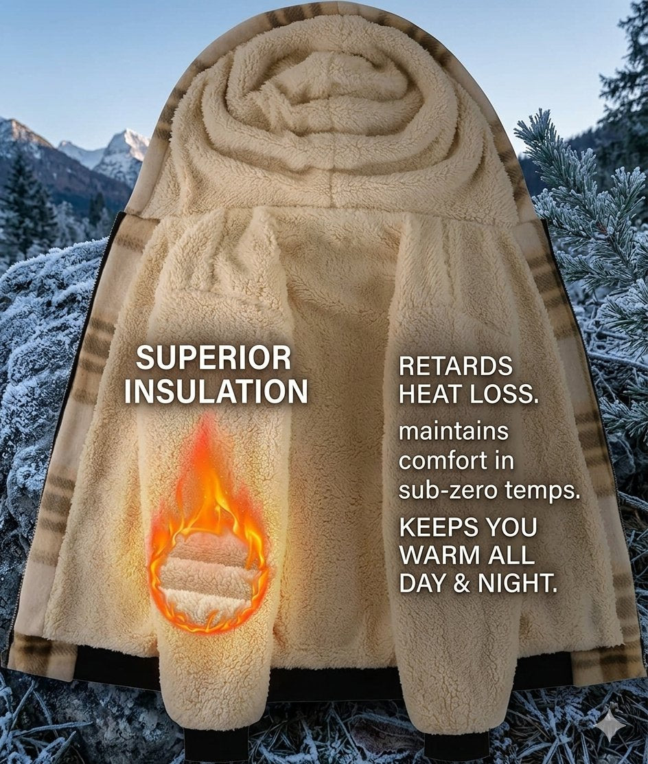 A hooded fleece jacket or wearable blanket shown outdoors in a snowy mountain setting, with overlaid marketing text about superior insulation and heat retention. The product is the main subject, but the real outdoor environment and text make this closer to Lifestyle than a clean Product/Packaging shot.