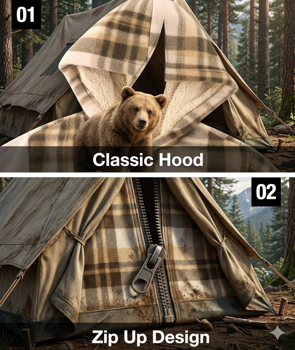 A split comparison showing a beige and brown plaid camping tent in a forest setting. The top panel labeled '01' shows the tent with a bear sitting in front of the open hood, with the text 'Classic Hood'.