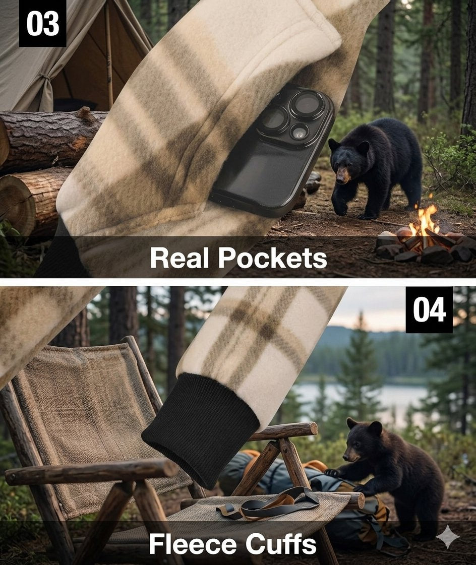 A two-panel promotional image showing a beige and brown plaid fleece jacket in an outdoor camping setting. The top panel demonstrates a real pocket containing a black smartphone, labeled 'Real Pockets'.
