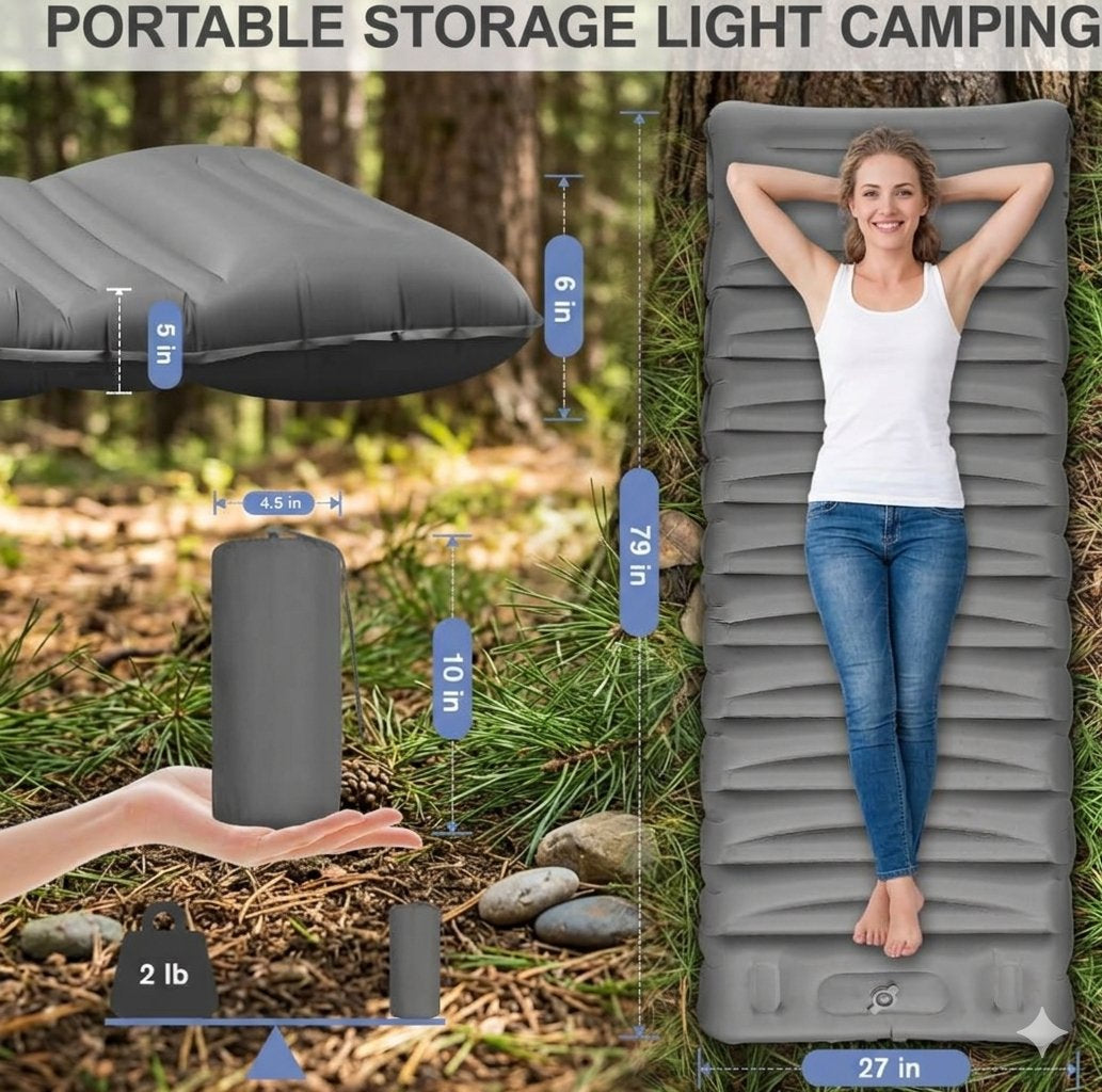 Gray portable camping sleeping pad shown in multiple views with outdoor forest background, including a full-body shot of a woman lying on the pad, a folded view, a rolled view, and dimension labels. The top text reads 'PORTABLE STORAGE LIGHT CAMPING'.