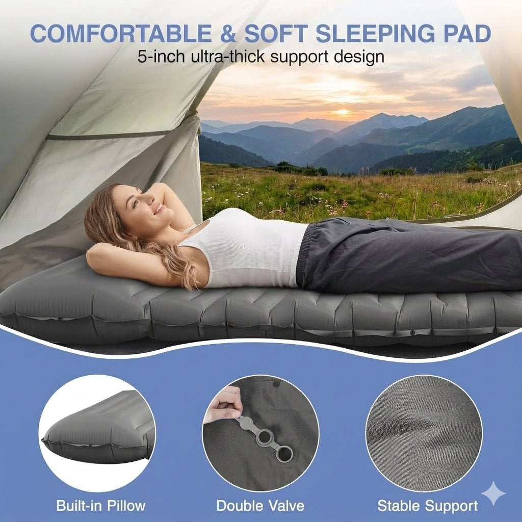 An inflatable camping sleeping pad shown under a tent with a woman lying on it, with text reading 'COMFORTABLE & SOFT SLEEPING PAD' and three feature callouts at the bottom for built-in pillow, double valve, and stable support.