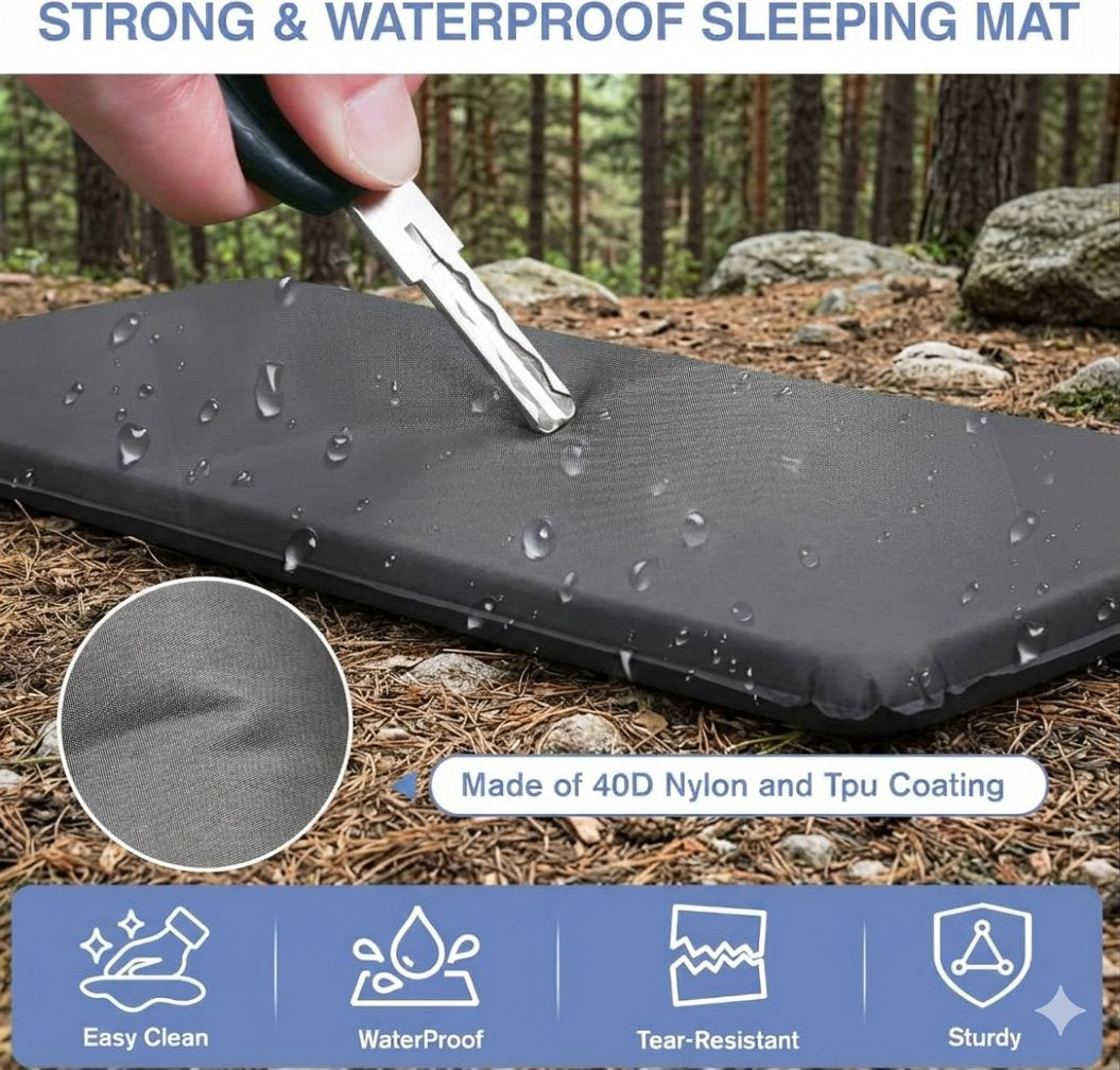 A black sleeping mat shown outdoors on forest ground, with a hand holding a metal key to demonstrate water resistance. Text at the top reads 'STRONG & WATERPROOF SLEEPING MAT,' and a circular inset shows a close-up of the mat's textured surface.