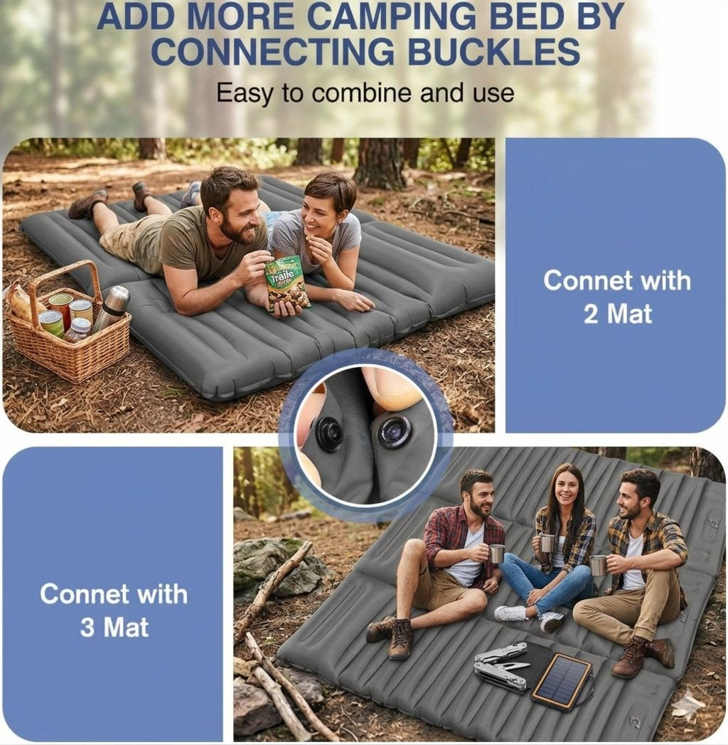 A promotional collage for an inflatable camping sleeping mat system. The main product is a dark gray ribbed camping mat shown in outdoor forest scenes with three people lying or sitting on it.