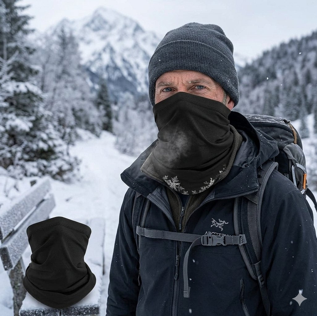 A man in a snowy mountain setting wears a black neck gaiter and beanie, with a matching black neck gaiter shown as an inset on a bench in the lower left.
