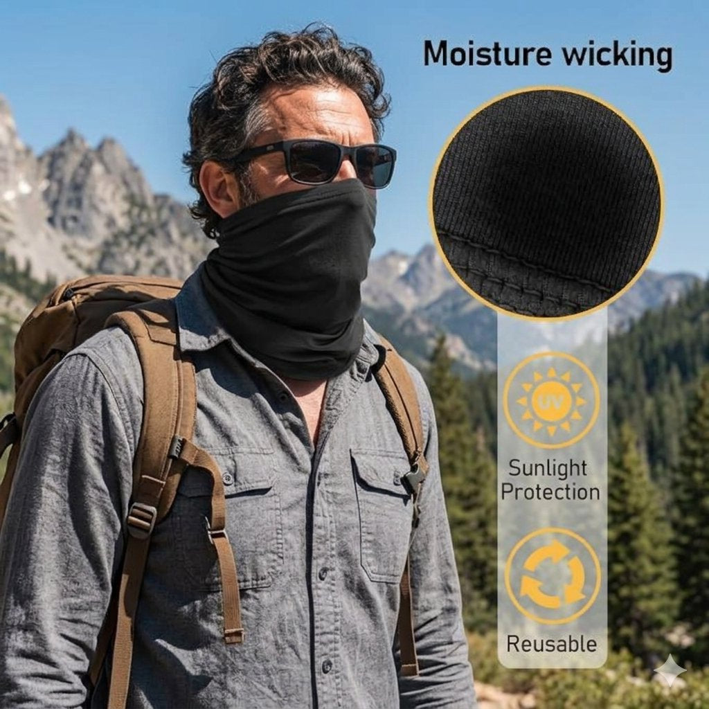 A man outdoors wearing a black neck gaiter/balaclava face covering, with mountain scenery in the background. The image includes text callouts reading 'Moisture wicking,' 'Sunlight Protection,' and 'Reusable,' plus a circular close-up inset of the black fabric texture.