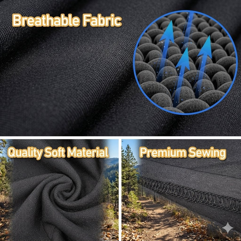 A composite product feature graphic for a black breathable fabric item. The top panel shows close-up fabric texture with the text 'Breathable Fabric' and a circular inset highlighting porous fabric structure with blue airflow arrows.