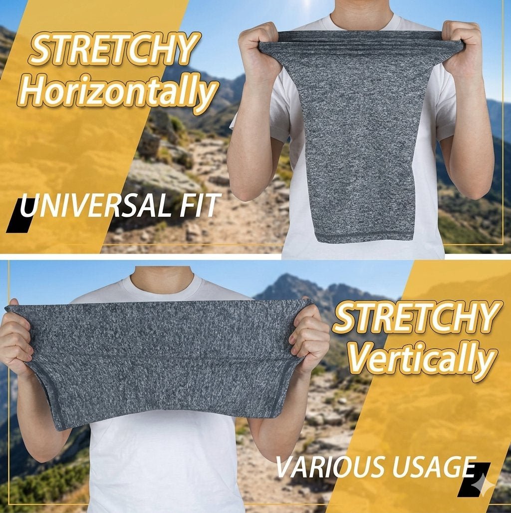 A two-panel demonstration showing a gray heathered athletic bandana or neck gaiter being stretched. The top panel shows horizontal stretch with the text 'STRETCH Horizontally' and 'UNIVERSAL FIT'.