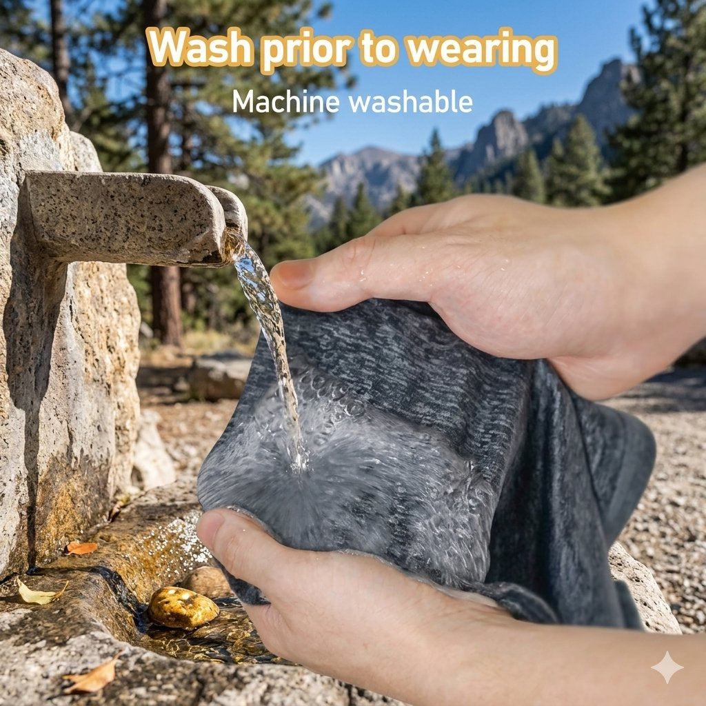 A person outdoors rinses a dark gray heathered fabric garment under running water from a stone spout, with mountains and trees in the background. Text at the top reads 'Wash prior to wearing' and 'Machine washable.