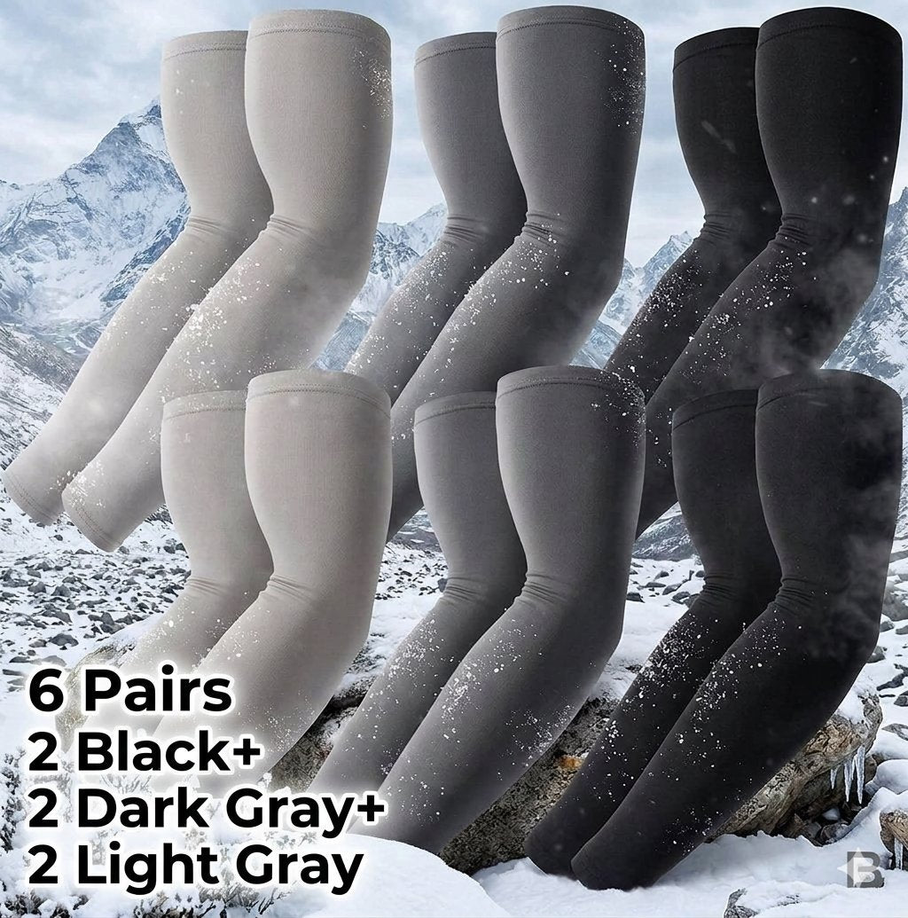 Six pairs of insulated arm warmers in light gray, dark gray, and black, shown against a snowy mountain background with text indicating the quantity and colors.