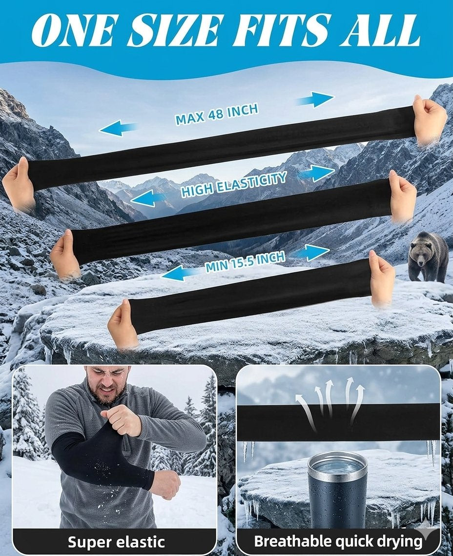 A promotional graphic for a black arm warmers set, featuring a snowy mountain background with hands stretching the fabric to demonstrate elasticity. The graphic includes text overlays reading 'ONE SIZE FITS ALL', 'MAX 48 INCH', 'HIGH ELASTICITY', 'MIN 13.
