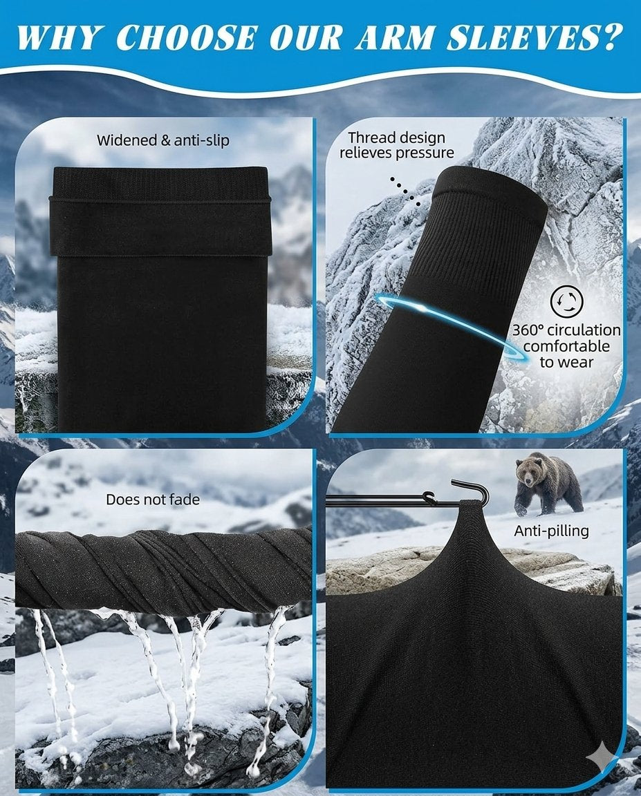 A four-panel promotional graphic for black arm sleeves, with snowy outdoor imagery and text highlighting features such as widened anti-slip edges, thread design that relieves pressure, no fading, and anti-pilling performance.