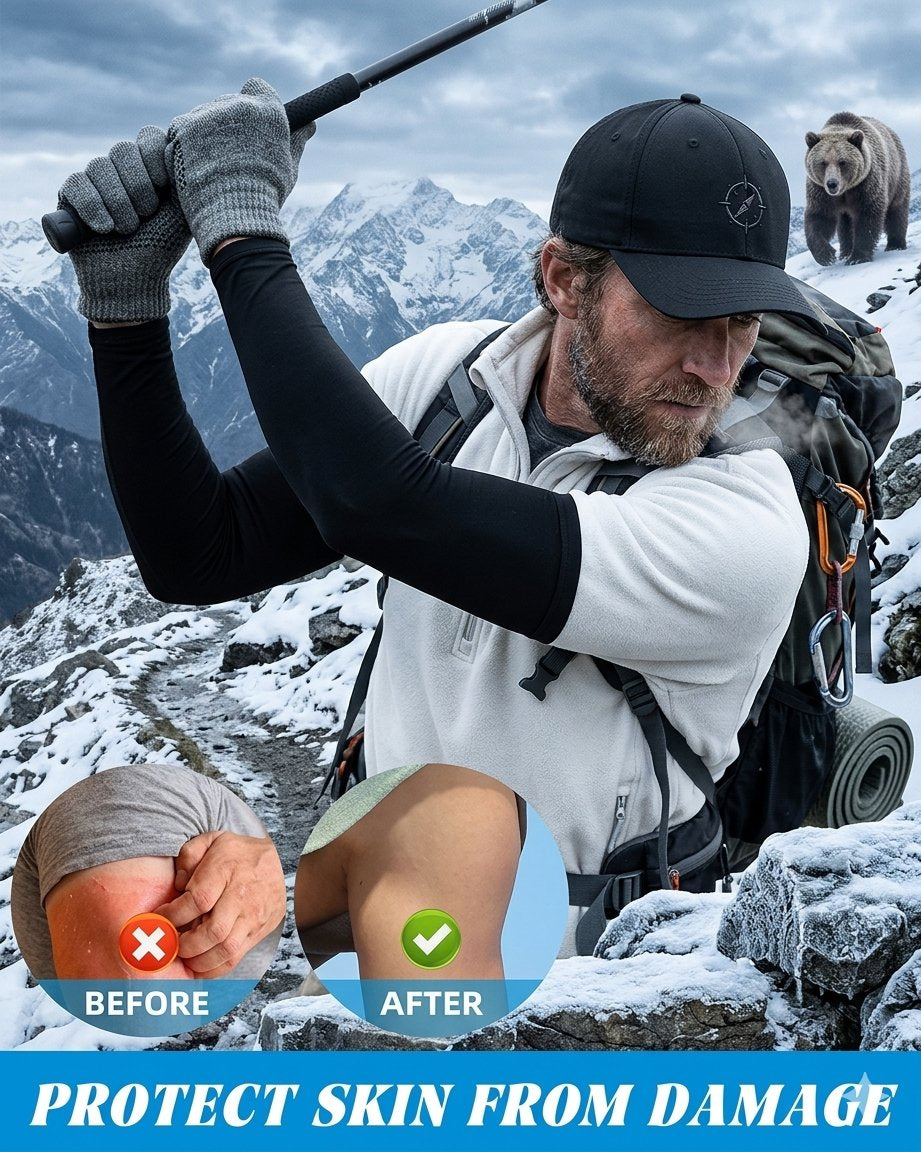 A man in a snowy mountain setting wears a black arm sleeve and a white long-sleeve shirt while hiking with a backpack. The image includes a before-and-after inset showing skin protection, a bear in the background, and text reading 'PROTECT SKIN FROM DAMAGE'.