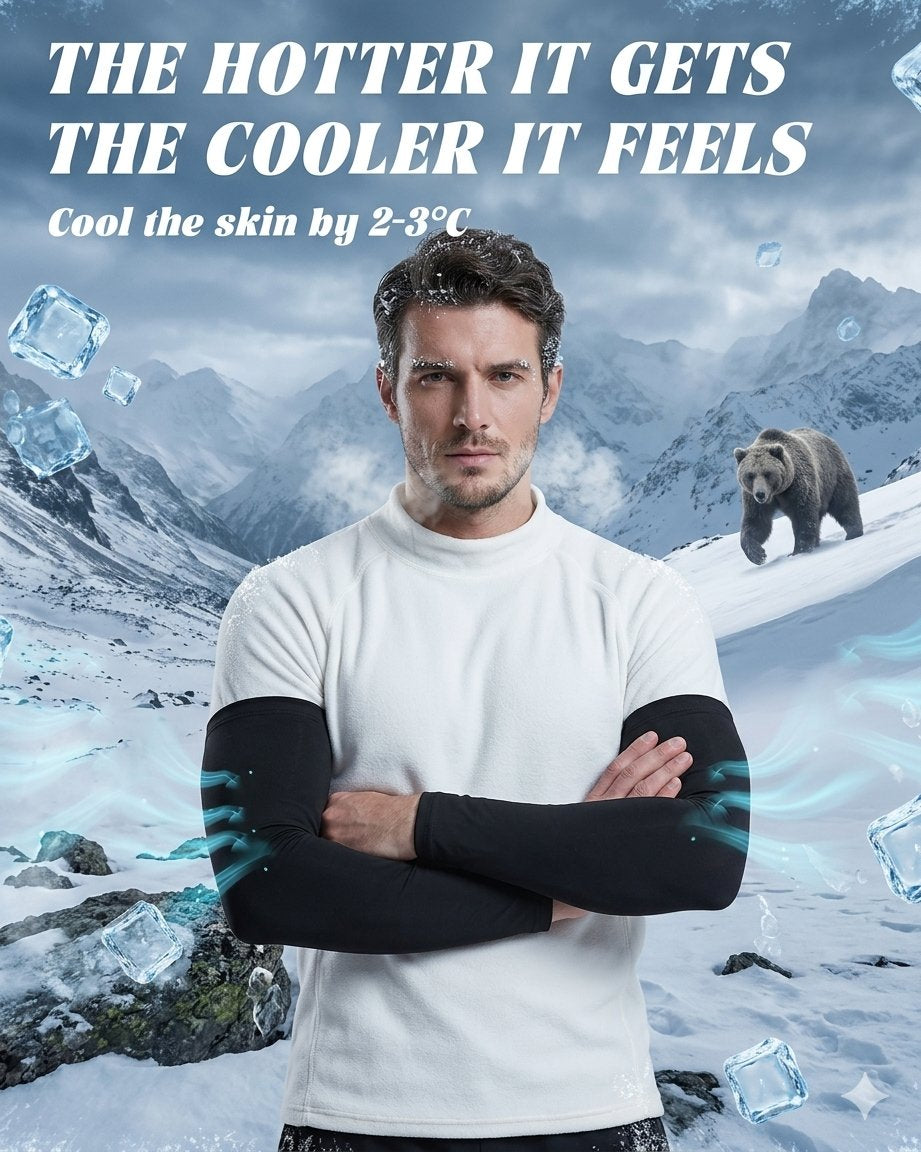 A man stands in a snowy mountain landscape wearing a white long-sleeve shirt and black arm sleeves with blue cooling graphics. Large text at the top reads 'THE HOTTER IT GETS THE COOLER IT FEELS' with a claim about cooling skin by 2-3°C.