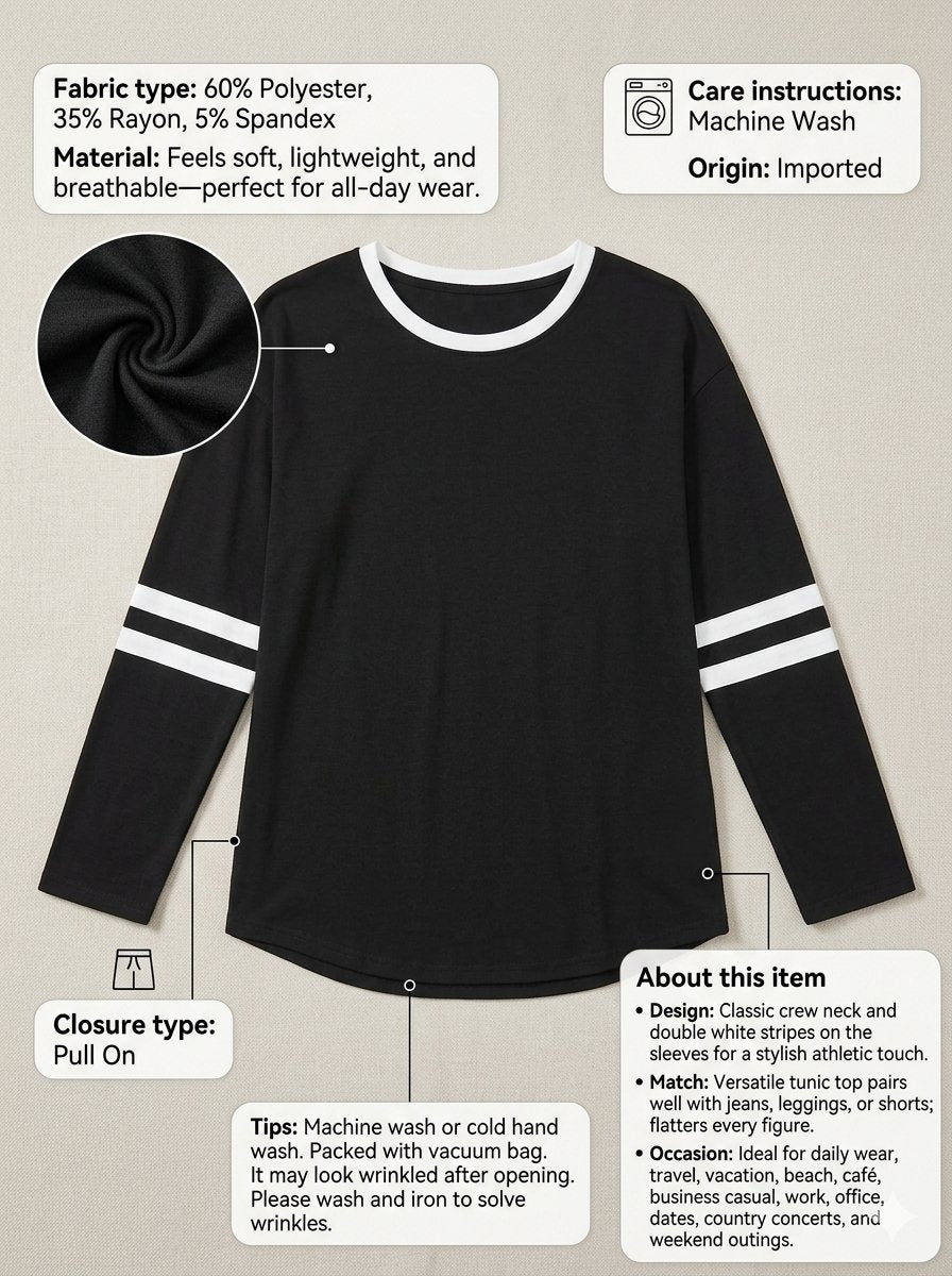 A black long-sleeve crewneck shirt with white stripes on the sleeves, shown on a light beige background with text callouts about fabric, care instructions, closure type, and product details.