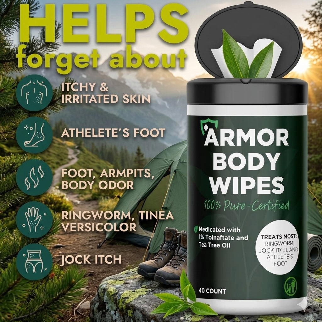 Armor Body Wipes container shown in a scenic outdoor camping setting with a tent, boots, and pine trees. The product is a dark green cylindrical canister with a black lid, and the label reads 'ARMOR BODY WIPES 100% Pure-Certified'.