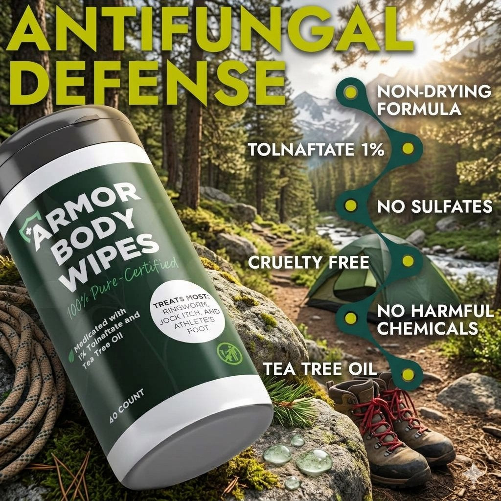 A large tub of Armor Body Wipes is shown in a forest outdoor scene with hiking boots, rocks, moss, and a tent, surrounded by marketing text such as 'ANTIFUNGAL DEFENSE' and product claims like 'Non-Drying Formula' and 'Tolnaftate 1%'.