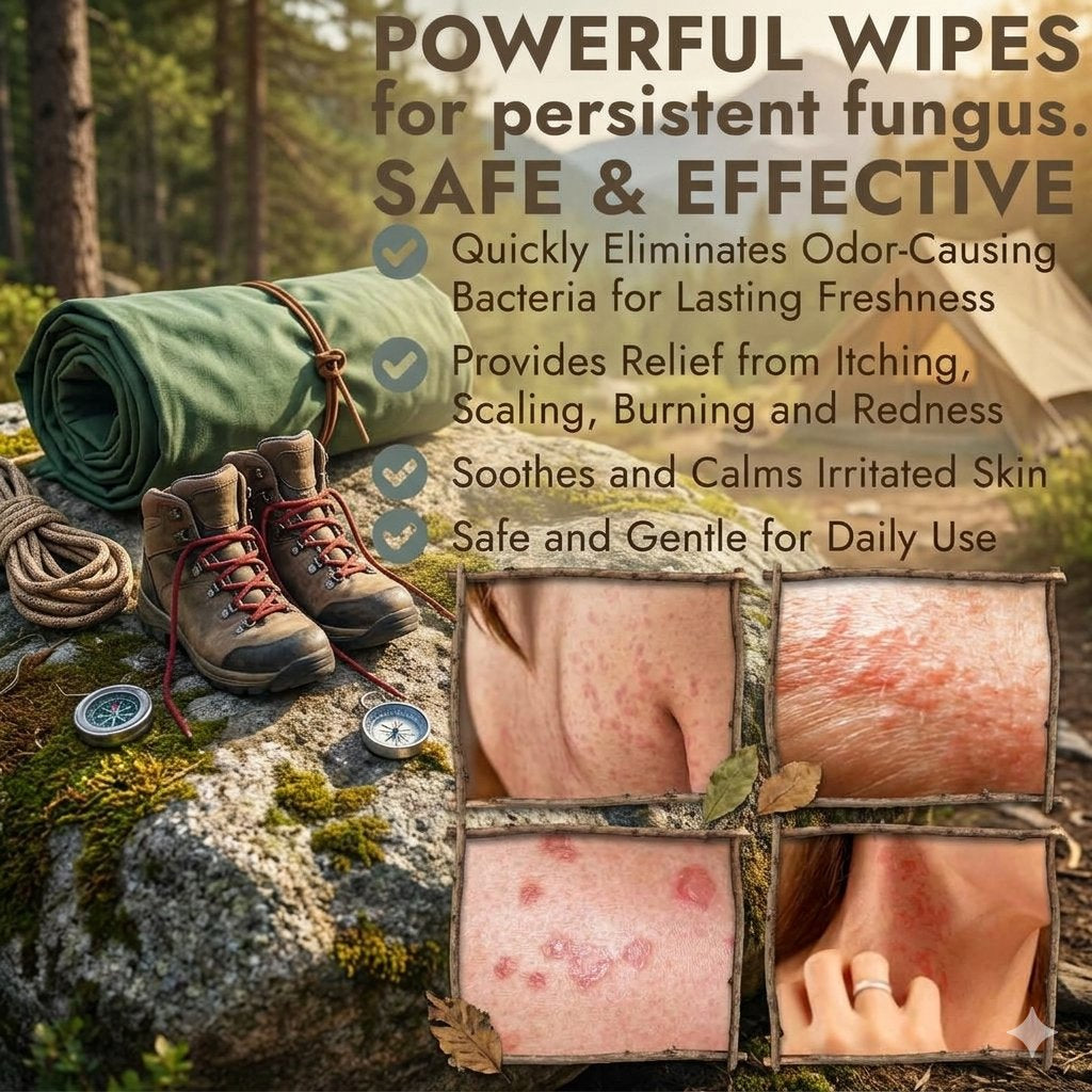 Promotional graphic for a fungus relief product with outdoor camping props including a rolled green mat, hiking boots, rope, and compass on a rock in a forest. Large text reads 'POWERFUL WIPES for persistent fungus.
