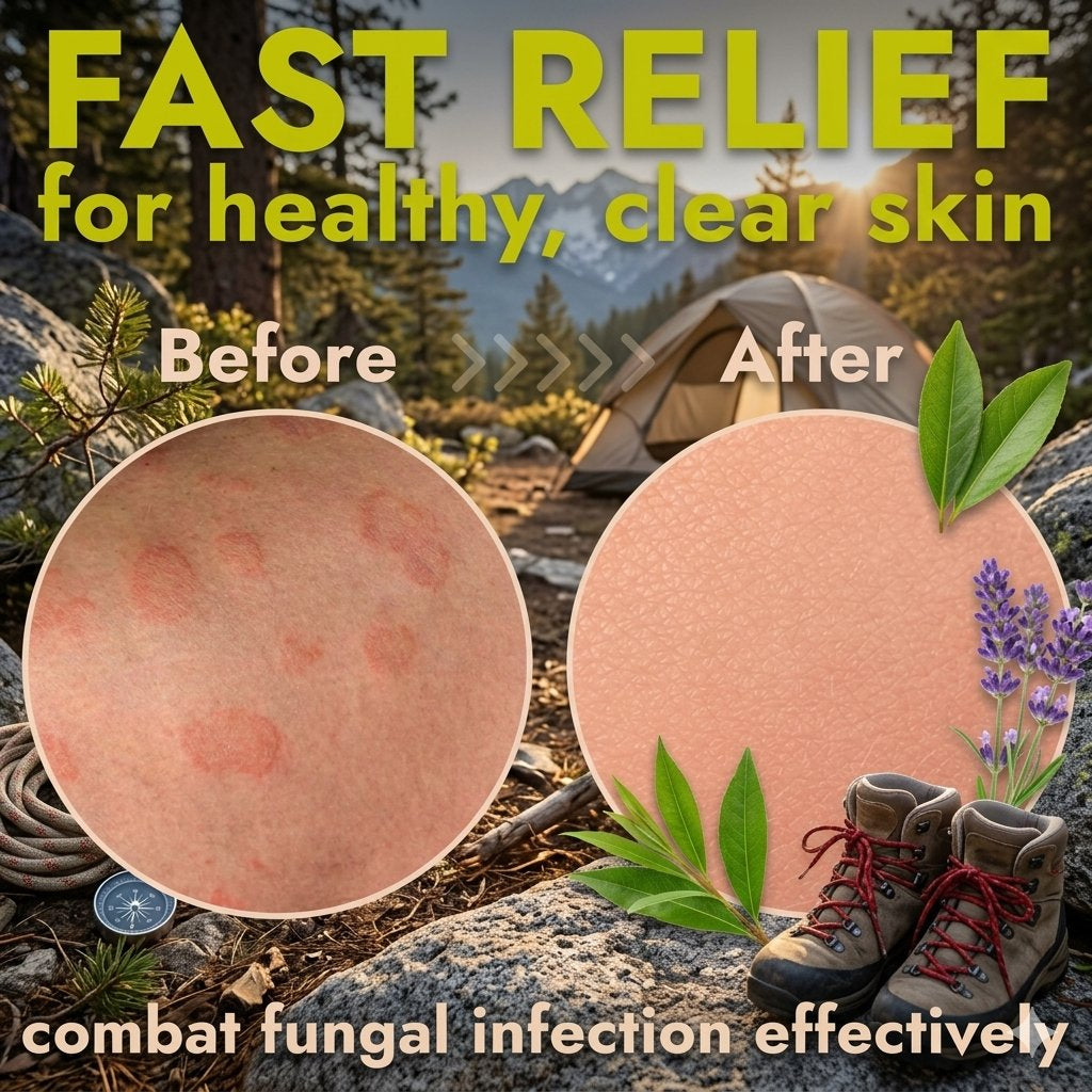 Promotional graphic for a skin-related product with large text reading 'FAST RELIEF for healthy, clear skin' and 'combat fungal infection effectively.' It shows a camping scene in the background, a circular 'Before' close-up with red patches, a circular 'After' close-up with smooth skin, leaves, and hiking boots as props.