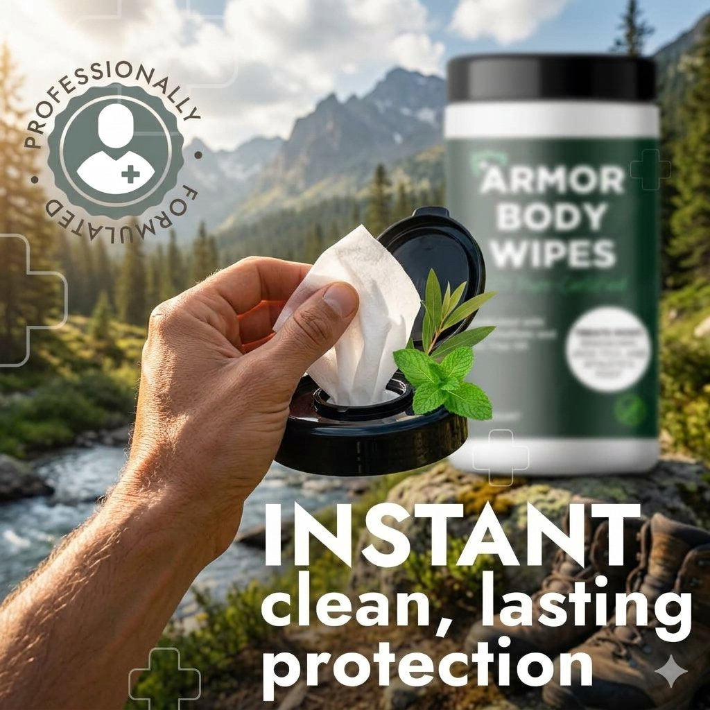 A hand holds a black circular container of Armor Body Wipes, pulling out a white wipe with mint leaves, set against a mountain and river background. A large jar of Armor Body Wipes is visible in the background, along with text reading 'INSTANT clean, lasting protection' and a 'Professionally Formulated' badge.
