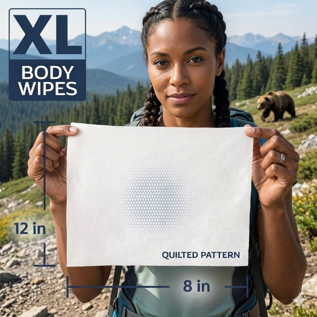 A woman outdoors holding a large white body wipe with printed dimensions showing 12 in by 8 in, plus a blue 'XL BODY WIPES' label in the top left. The background shows a mountain landscape with a bear in the distance.