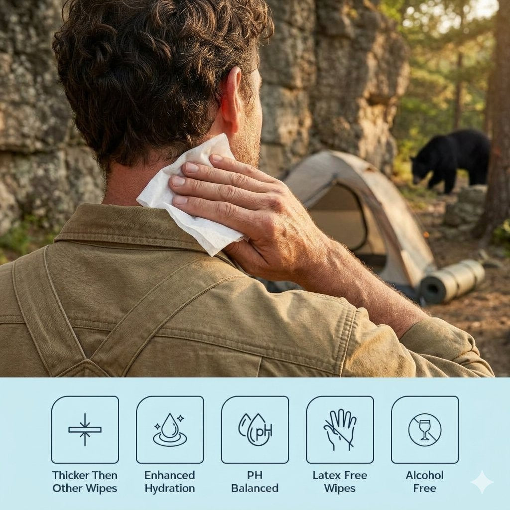 A man outdoors at a campsite wipes his neck with a white wipe, with a tent, trees, and a bear in the background. A light blue banner at the bottom lists product benefits: thicker than other wipes, enhanced hydration, pH balanced, latex free, and alcohol free.