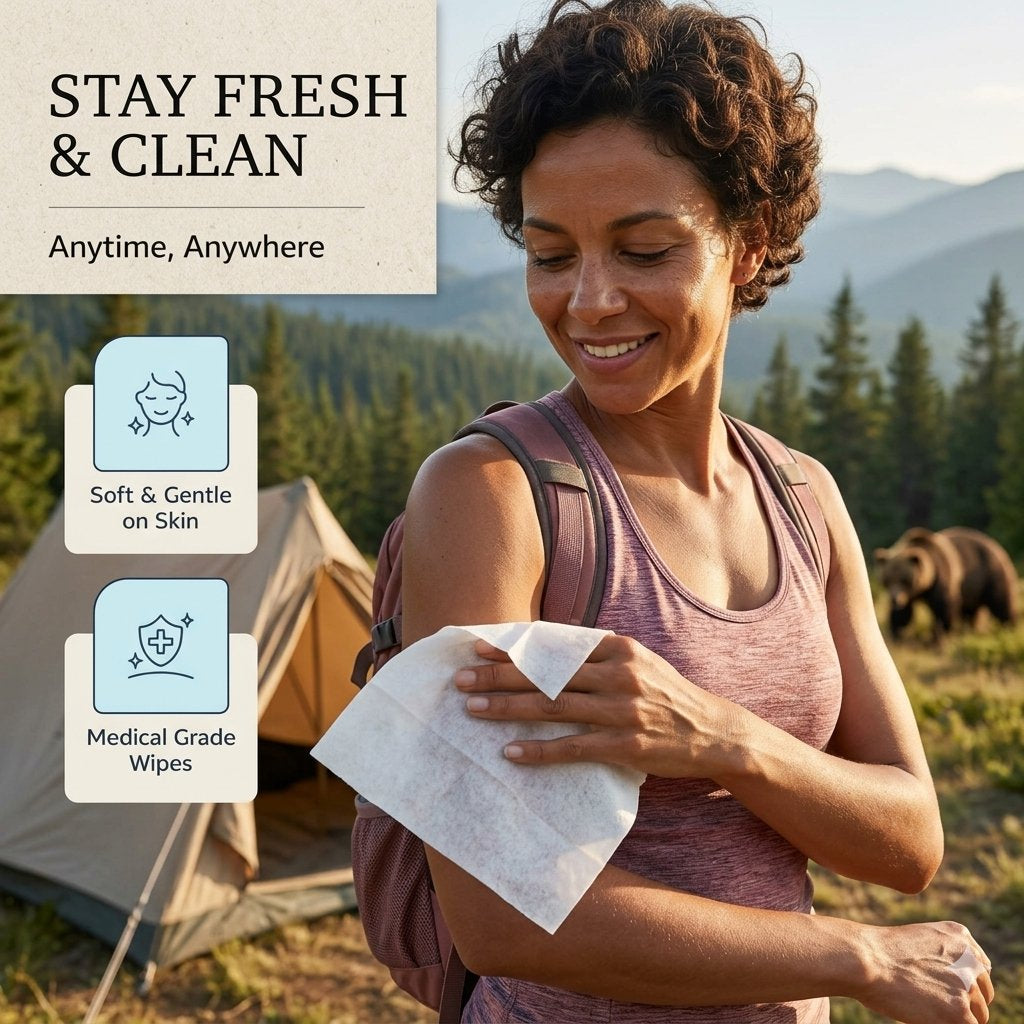 A woman outdoors in a camping setting wipes her arm with a white medical-grade wipe. The image includes text overlays reading 'STAY FRESH & CLEAN', 'Anytime, Anywhere', and feature callouts for 'Soft & Gentle on Skin' and 'Medical Grade Wipes'.