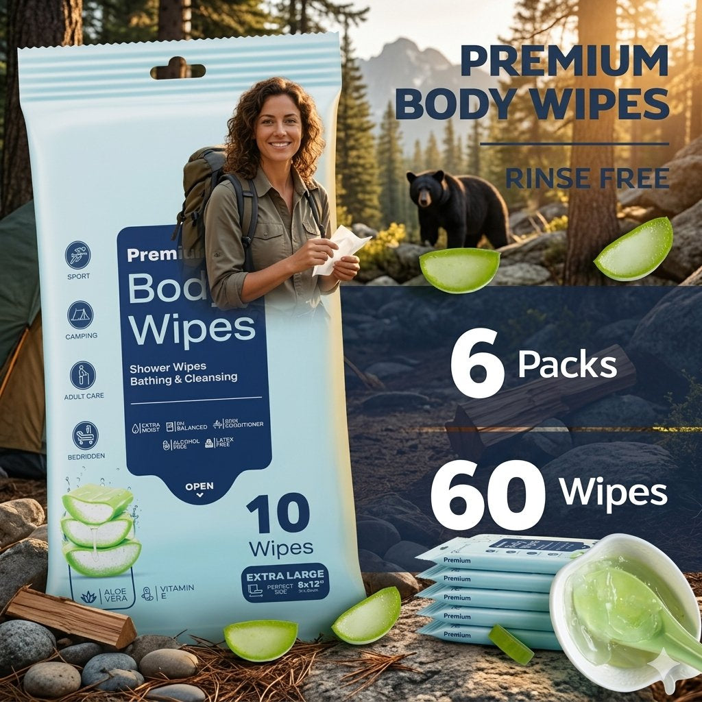 A package of premium body wipes stands in a forested outdoor setting with mountains, rocks, and a bear in the background. The package is light blue with dark blue panels and shows a smiling woman holding wipes.