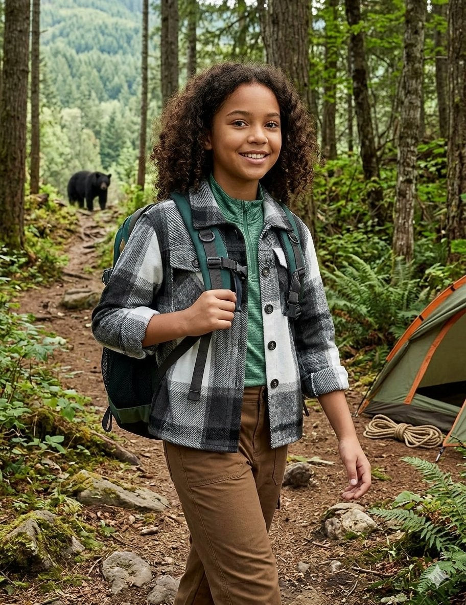 A smiling young woman stands on a forest trail wearing a gray, black, and white plaid flannel shirt over a green t-shirt, with brown pants and a green backpack. A tent and a bear are visible in the background of the woods.