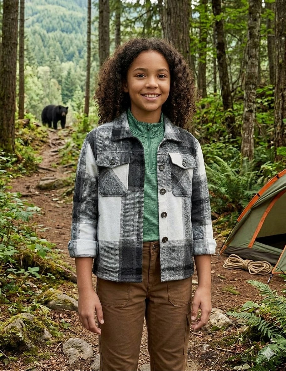 A smiling young girl stands on a forest trail wearing a gray, white, and black plaid button-up flannel shirt jacket over a green shirt and brown pants. A black bear is visible in the background woods, and an orange tent is on the right. big green bearbiggreenbear.com