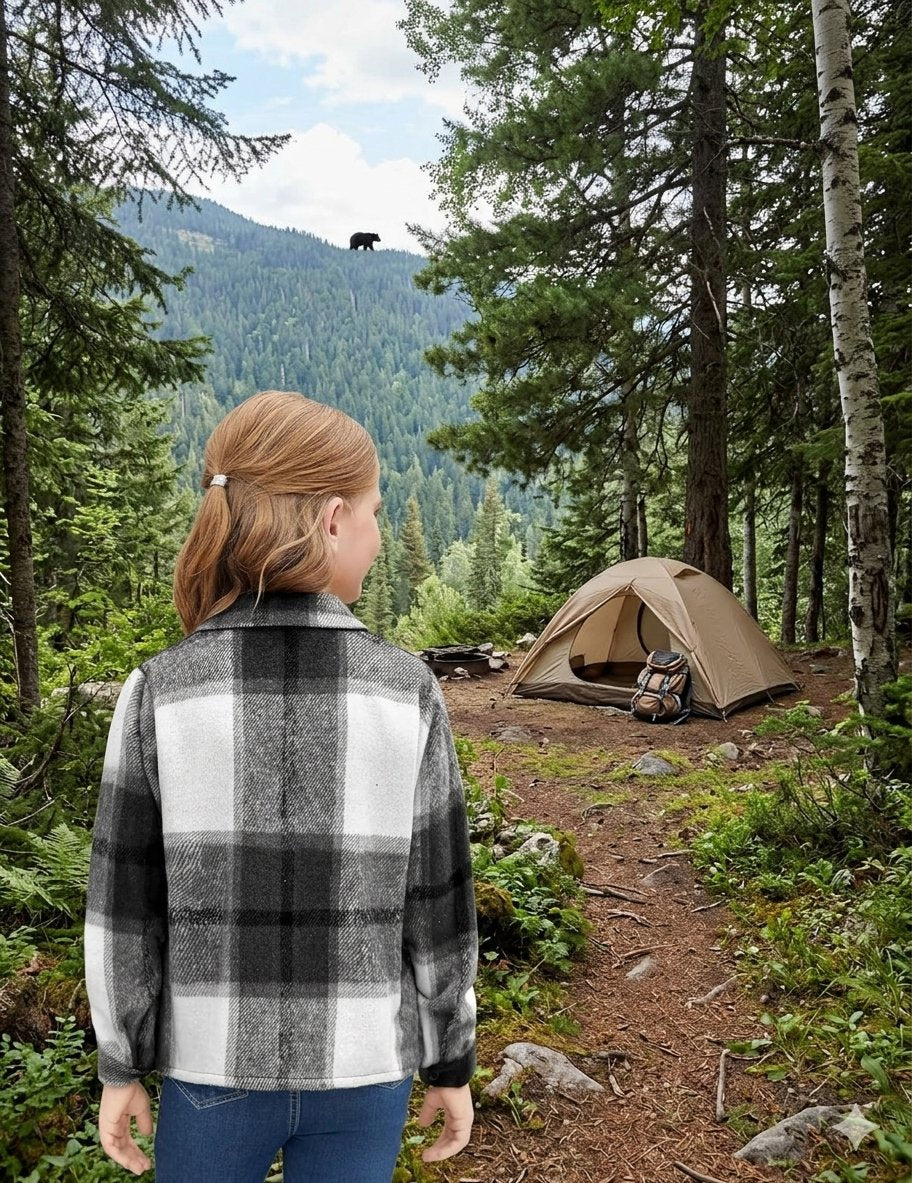 A woman viewed from behind wearing a black, white, and gray plaid flannel shirt, standing on a forest camping trail with a beige tent and mountain backdrop.