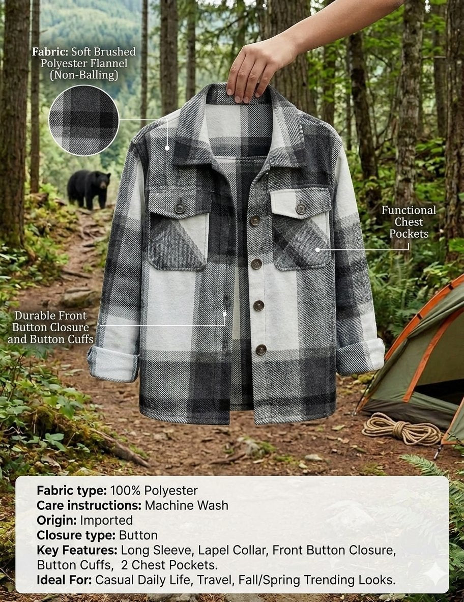 A plaid long-sleeve button-front overshirt jacket is shown hanging in a forest setting with a hand holding the collar. The image includes callout labels pointing to features like the chest pockets, button closure, and fabric, plus a fabric swatch inset and a tent in the background.