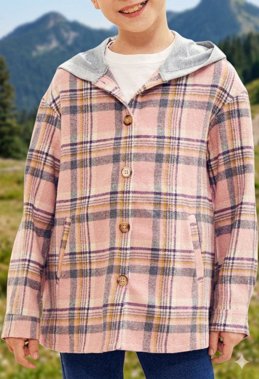 A child wearing a pink plaid hooded button-front jacket with a gray hood, photographed outdoors against a blurred mountain and grassy background. big green bear biggreenbear.com