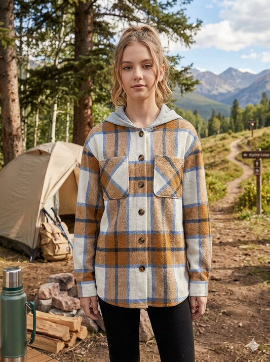 A woman stands outdoors in a forest campsite setting wearing a hooded button-front plaid shirt jacket. The jacket has a tan, blue, and off-white plaid pattern with a gray hood lining. big green bear biggreenbear.com