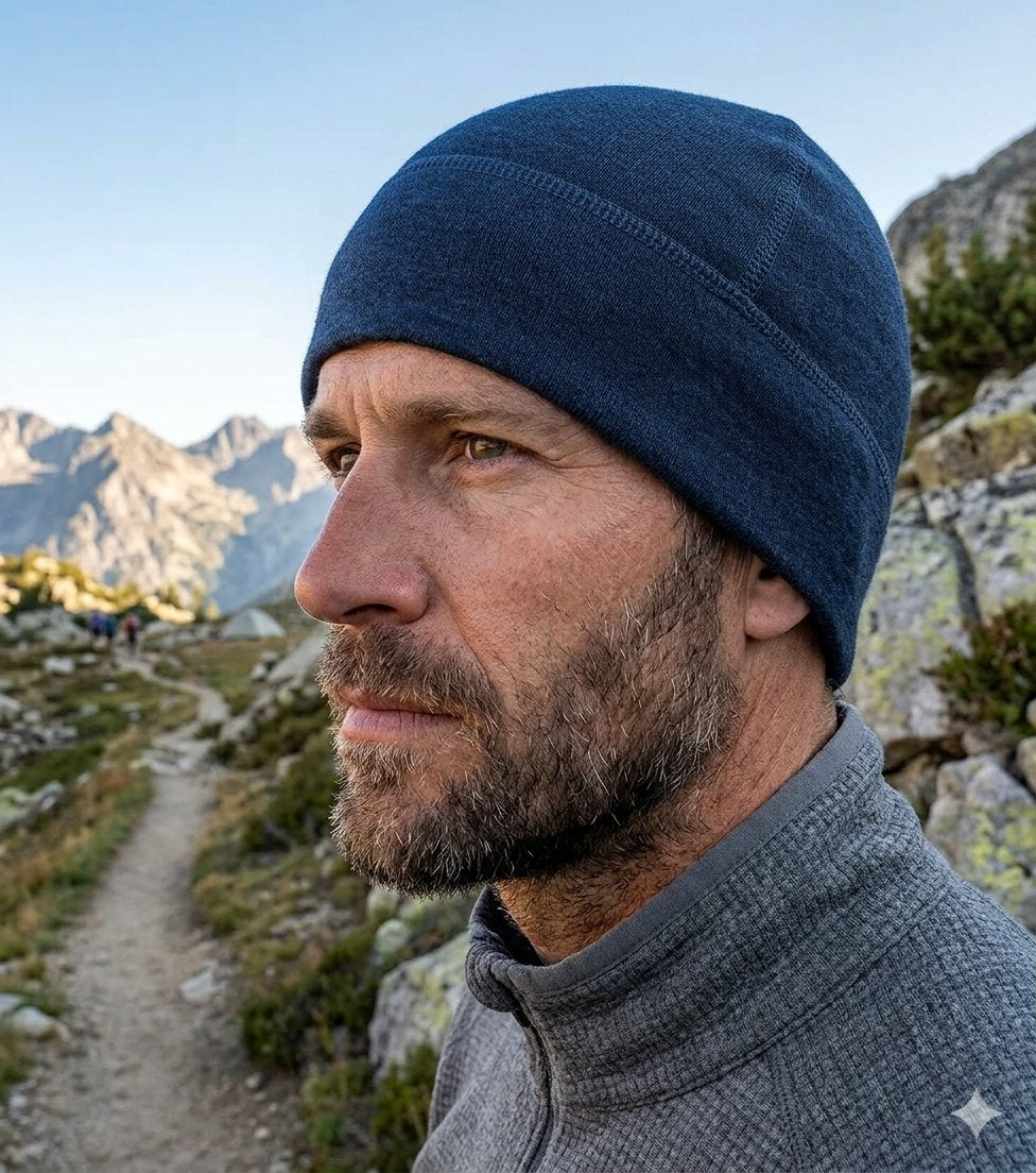 A close-up side profile of a man wearing a dark navy blue knit beanie and a gray textured fleece jacket, standing on a mountain trail with rocky peaks in the background.