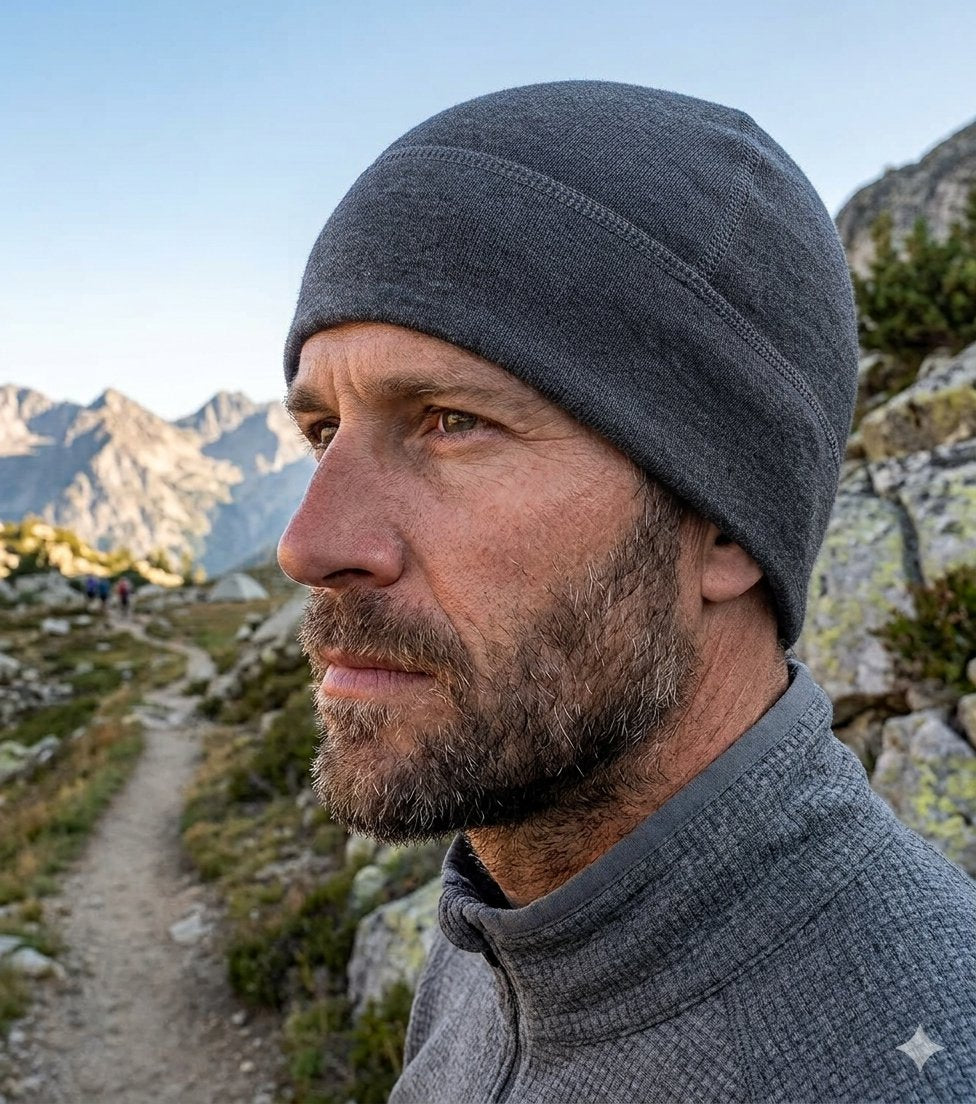 A close-up side profile of a man wearing a dark gray knit beanie and a gray fleece jacket, standing on a mountain trail with rocky peaks in the background.