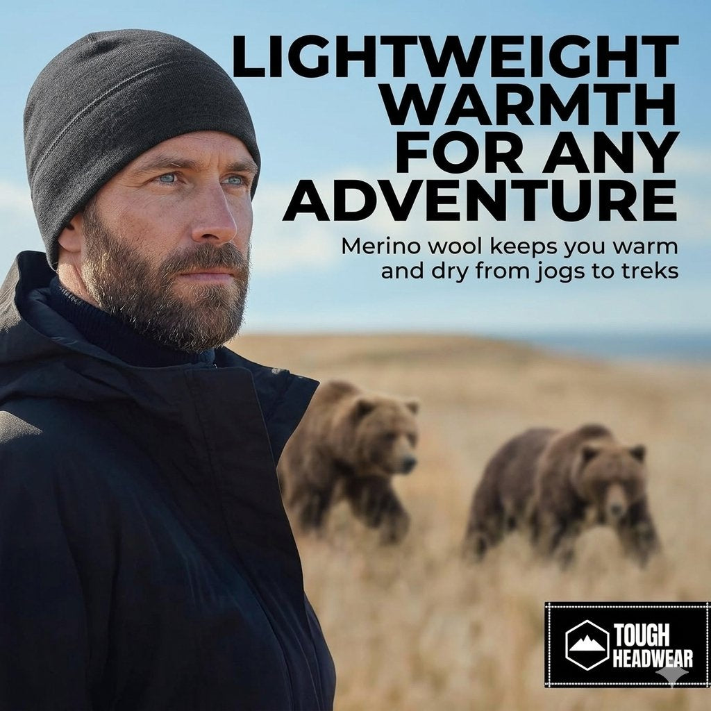 A man wearing a dark gray Merino wool beanie and black jacket stands outdoors in a grassy field with bears in the background. Large text reads 'LIGHTWEIGHT WARMTH FOR ANY ADVENTURE' and a 'TOUGH HEADWEAR' logo appears in the bottom right corner.