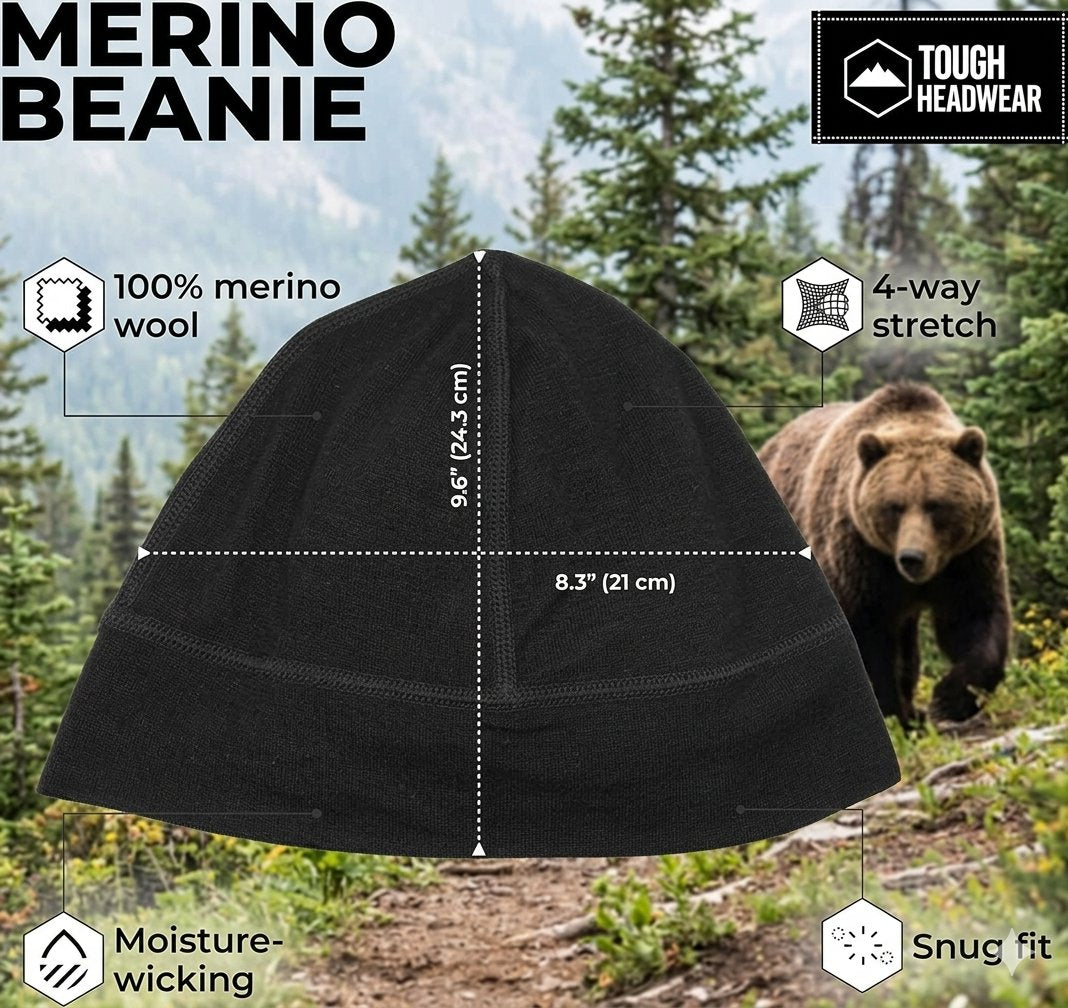 Black merino wool beanie shown with overlaid size measurements and feature callouts on a forest background with a bear. Text includes 'MERINO BEANIE,' '100% merino wool,' '4-way stretch,' 'Moisture-wicking,' and 'Snug fit.