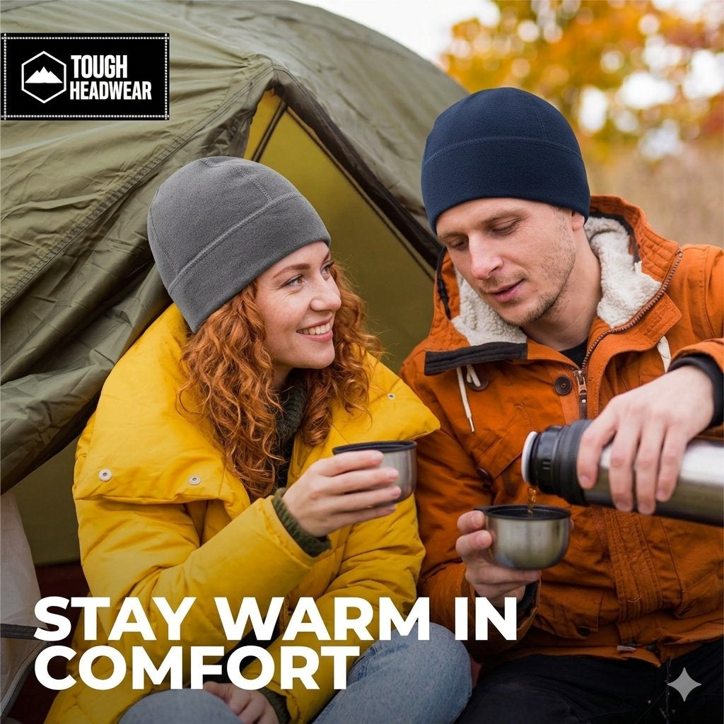 A man and a woman sitting together in front of an olive green tent, wearing warm outdoor clothing. The woman wears a mustard yellow jacket and a gray beanie, and the man wears an orange jacket and a navy blue beanie.