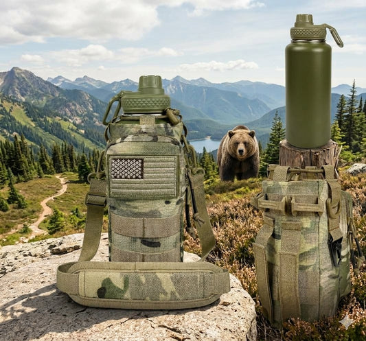 Tactical water bottle and matching insulated flask set in olive green and camouflage, displayed outdoors on a mountain trail with a bear and forest in the background. big green bear biggreenbear.com