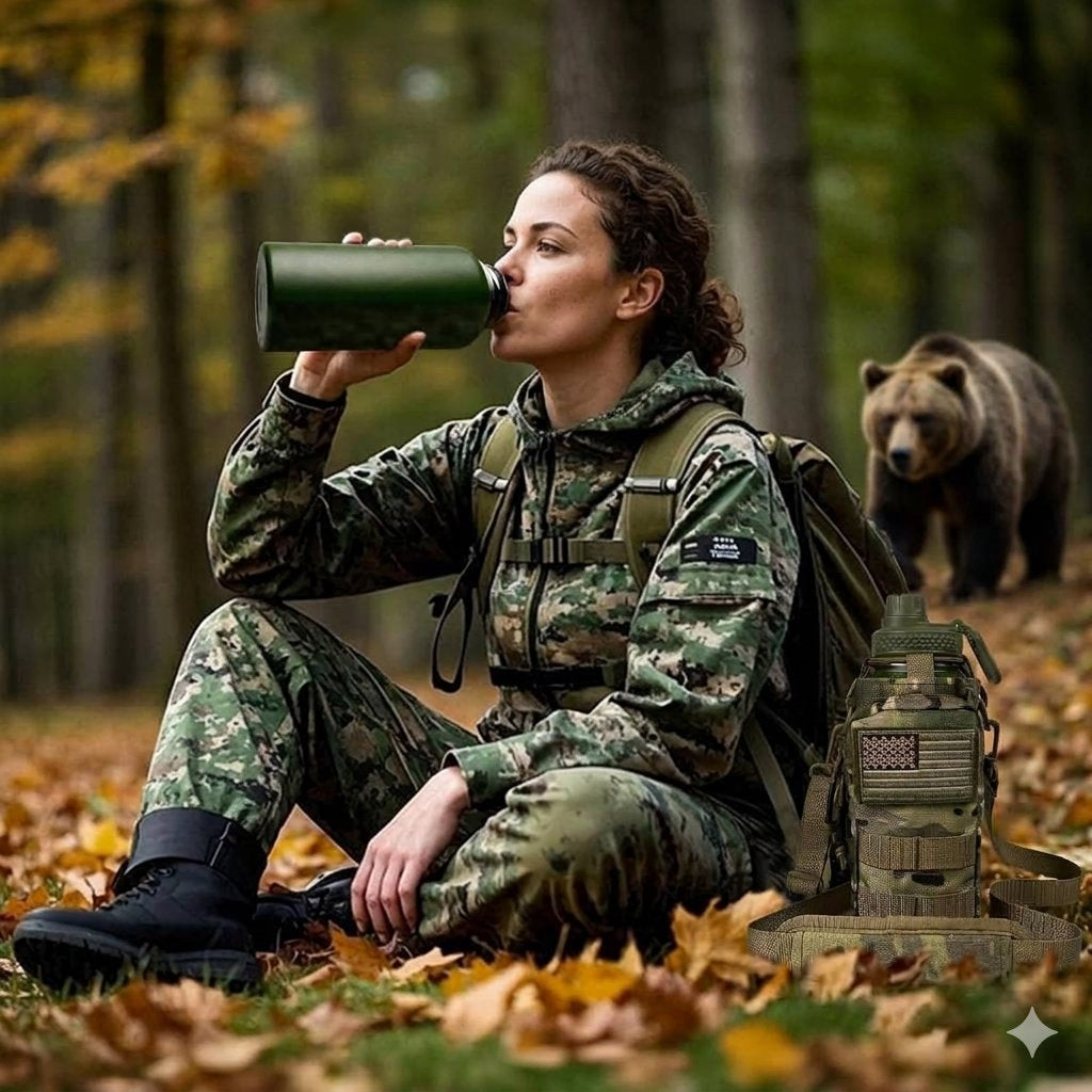 A woman in a woodland camouflage tactical jacket and pants sits on a forest floor covered in fallen leaves, drinking from a green water bottle. A brown bear is visible in the background, and a tactical backpack and gear bag are beside her.
